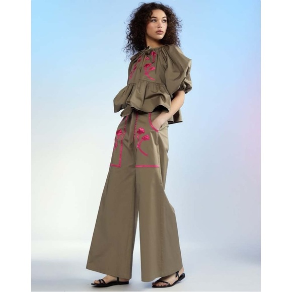 NWT Cynthia Rowley Annabelle Khaki Brown Relaxed Fit Flared Wide Leg Pants - Picture 4 of 14